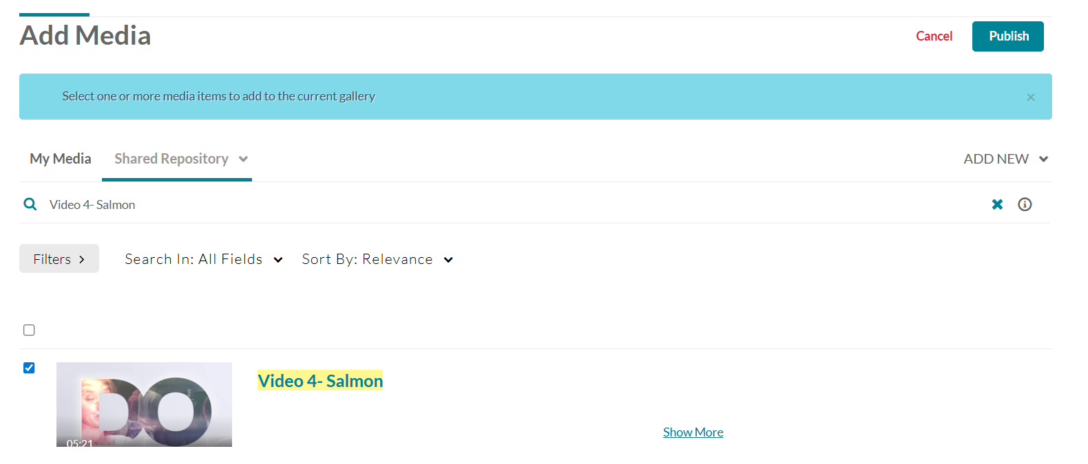 screen shot of Shared Repository item selected to publish
