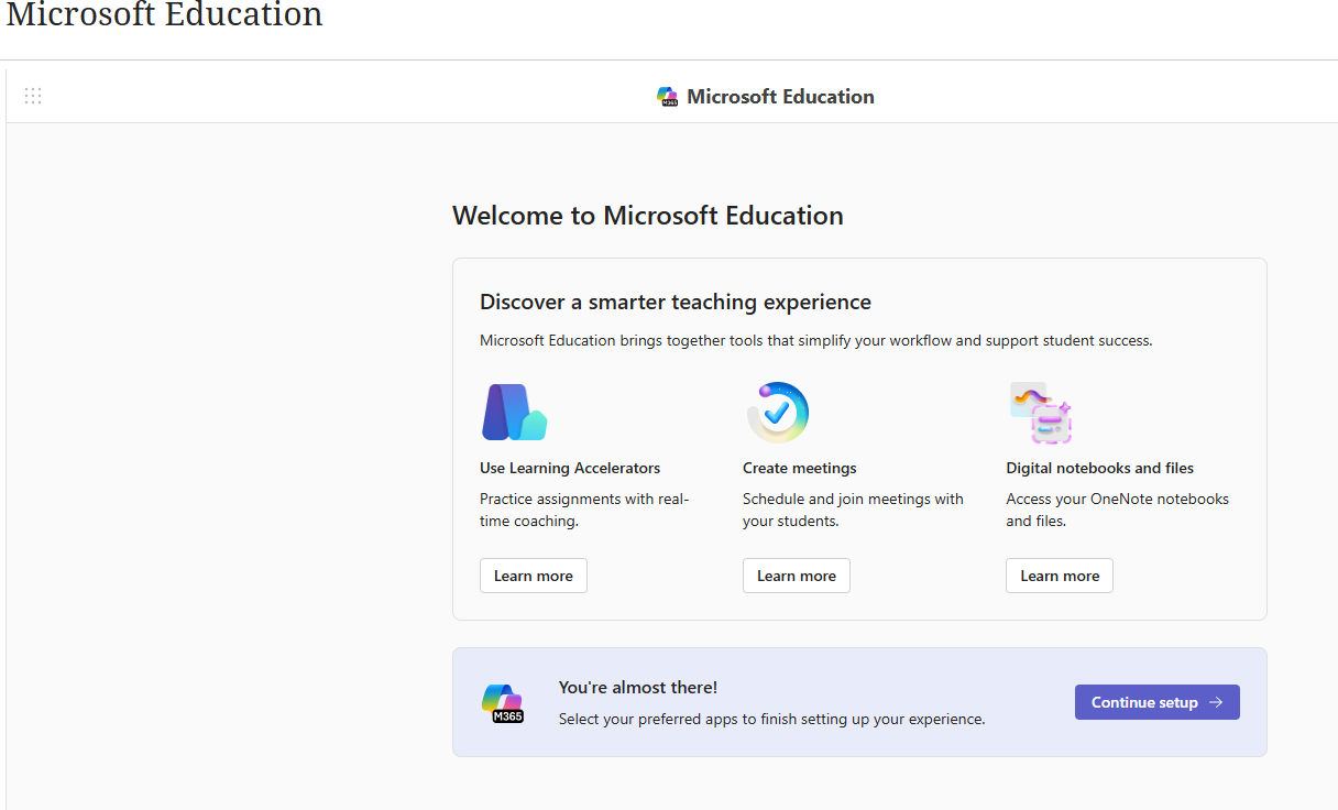 Microsoft Education set up screen