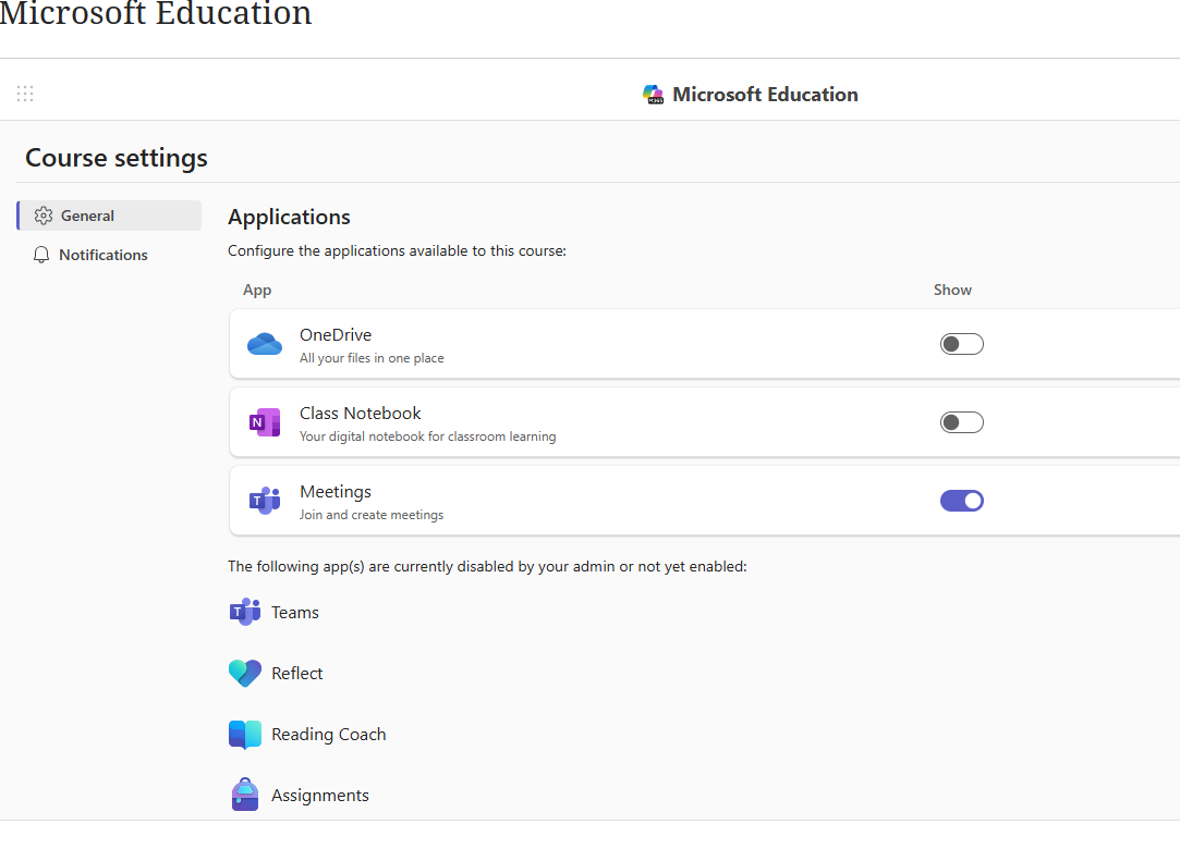Microsoft Education set up screen - toggle on the applications you would like to turn on