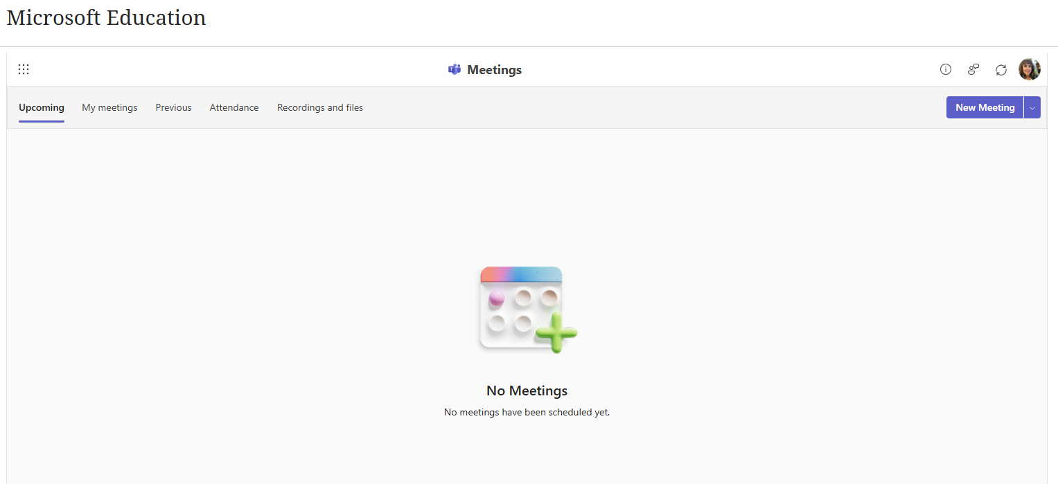 Microsoft Education Teams dashboard showing meetings, attendance, and recordings