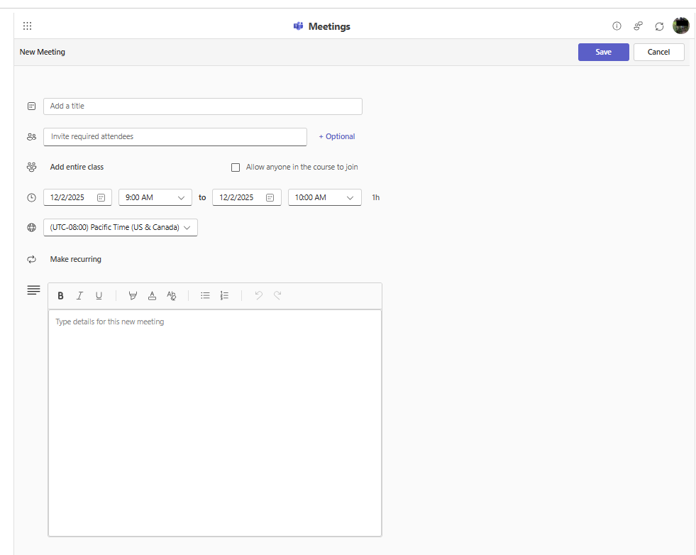 New Teams meeting fields including title, attendees, date, and description