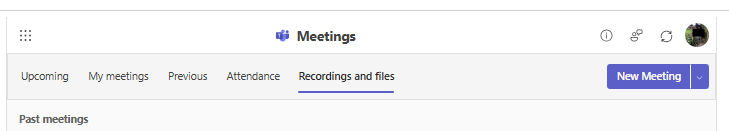 The Meetings dashboard with the Recordings and files tab selected