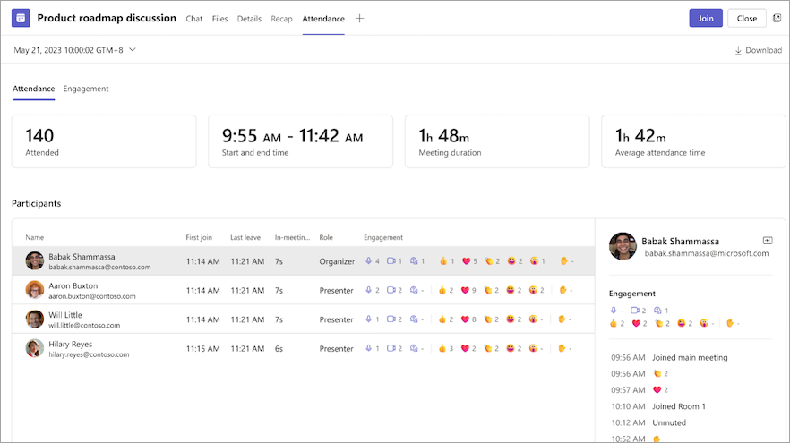 Attendance report that can be found in the Teams desktop app or browser meeting channel. 