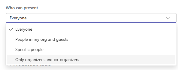 Meeting options - Drop down options for 'who can present'.