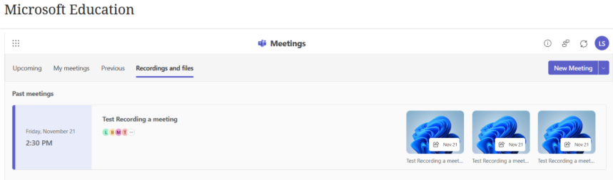 Recordings and files tab showing three recordings for a meeting
