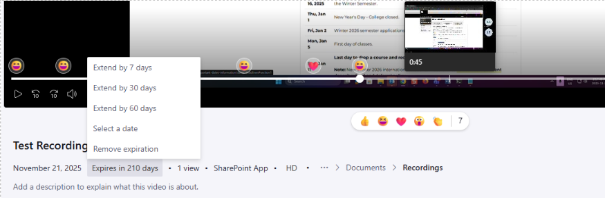 Teams meeting recording in stream with option to change the expiration date below the title