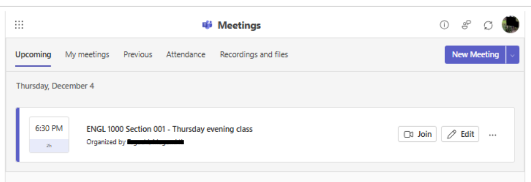 Screenshot of upcoming meeting. On the right of the meeting title, you can select 'Join' to enter the meeting.