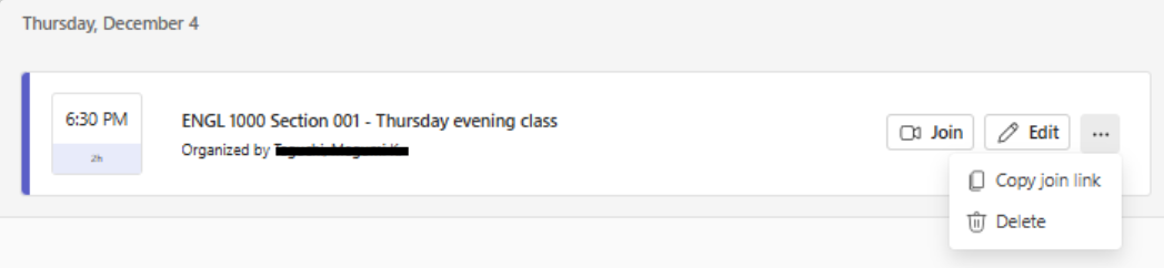 Screenshot showing the 'Copy join link' from the three dots menu to the right of the meeting title