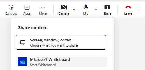screenshot showing the Share tool  with 'screen, window, or tab' and 'microsoft whiteboard' as options