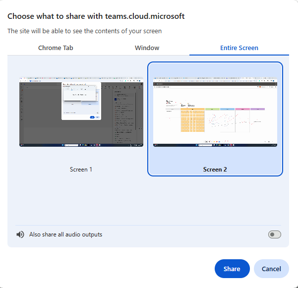 pop up of tab, window or screen options when sharing