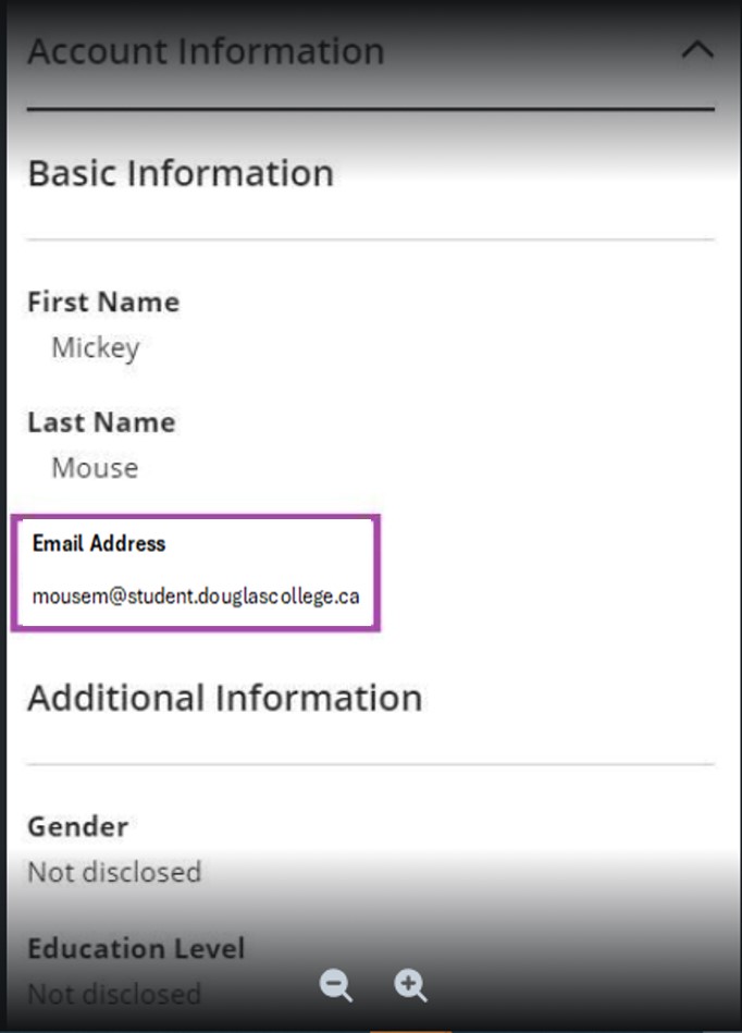 screenshot showing account information including name and email address