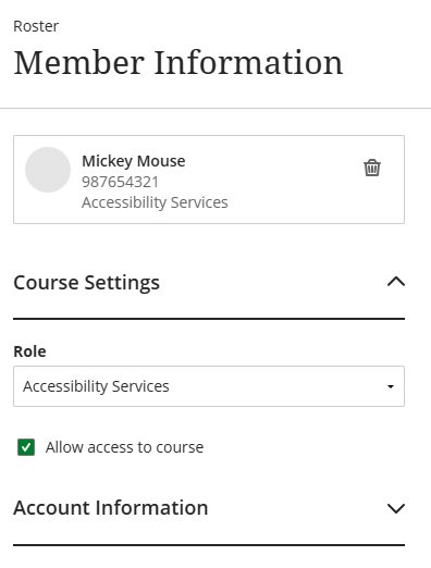 member information in roster with 'account information' at the bottom