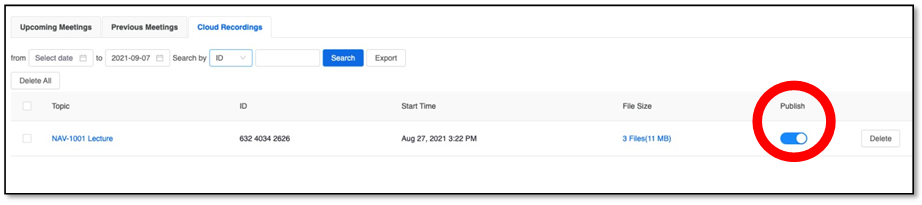 screenshot showing the Publish toggle to the right of the recording
