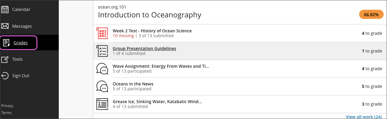 screenshot of the grades tab from base navigation