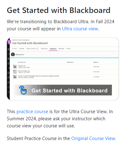 screenshot of the blackboard ultra practice course