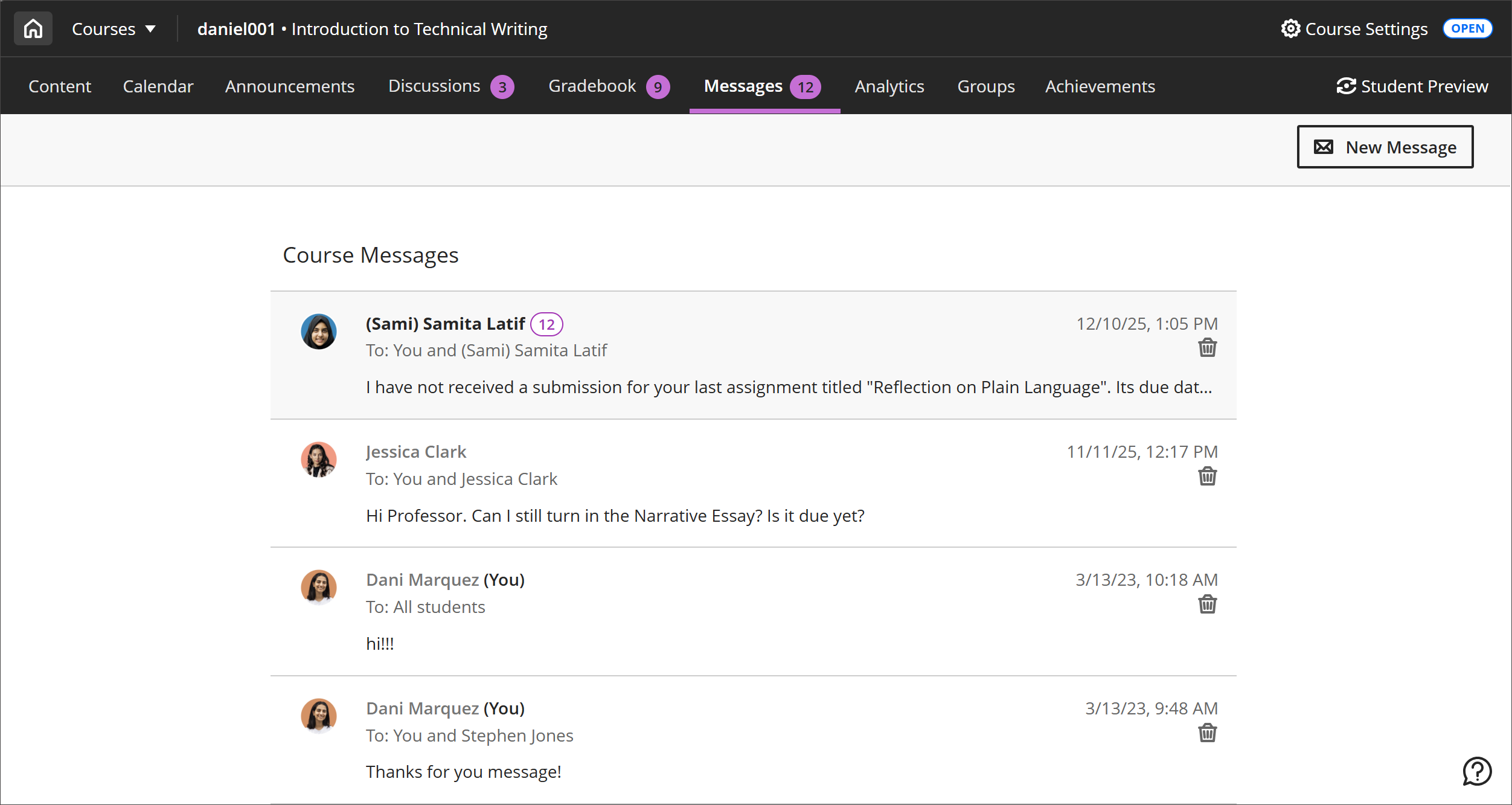 in messages, your most recent message apears at the top in the centre wth a 'new message' button in the top right corner