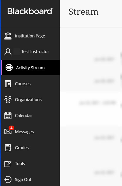 screenshot of the Blackboard base navigation showing the different global links on the far left