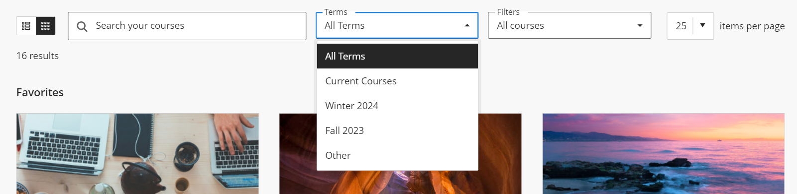 screenshot of courses page 