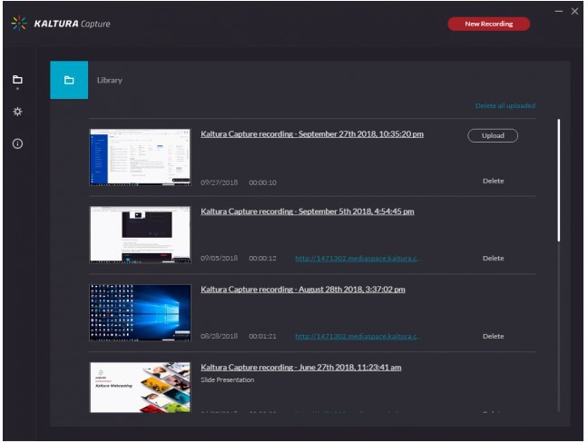 Screenshot showing the Kaltura capture library with option to delete entries