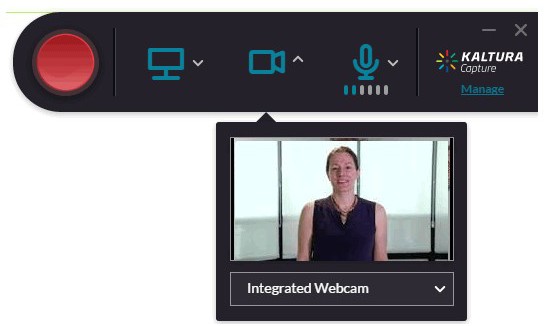 Screenshot showing the Kaltura recording options on the tool bar