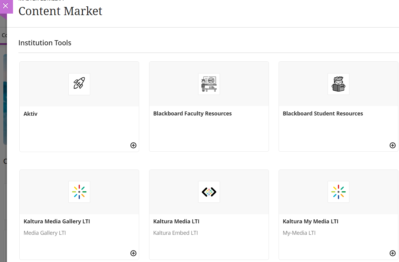 Content market panel showing Institution tools including Kaltura My Media LTI