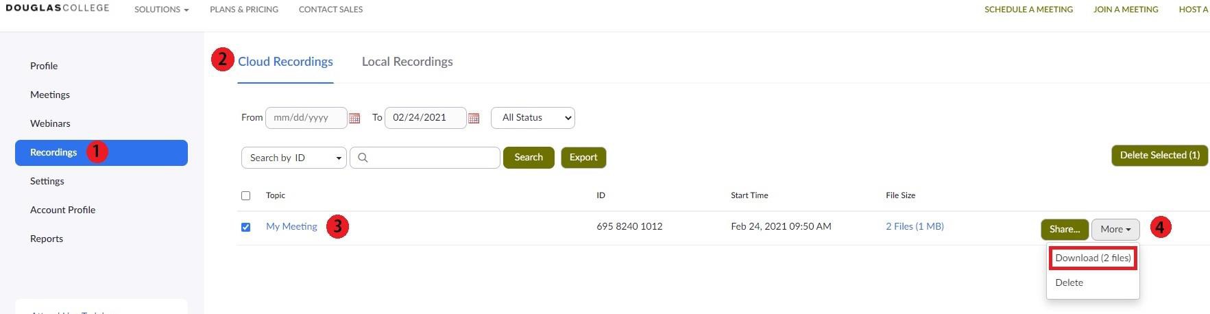 Screenshot of Zoom website showing the Download option on the Cloud Recordings tab