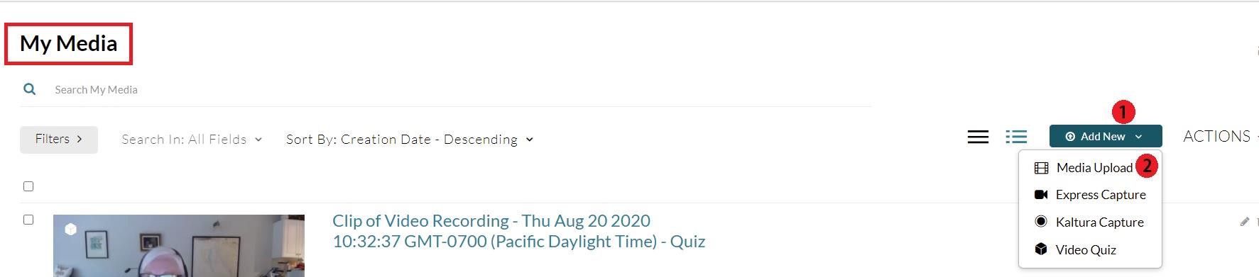 Screenshot of the My Media panel with the Media Upload option in the Add New drop down highlighted