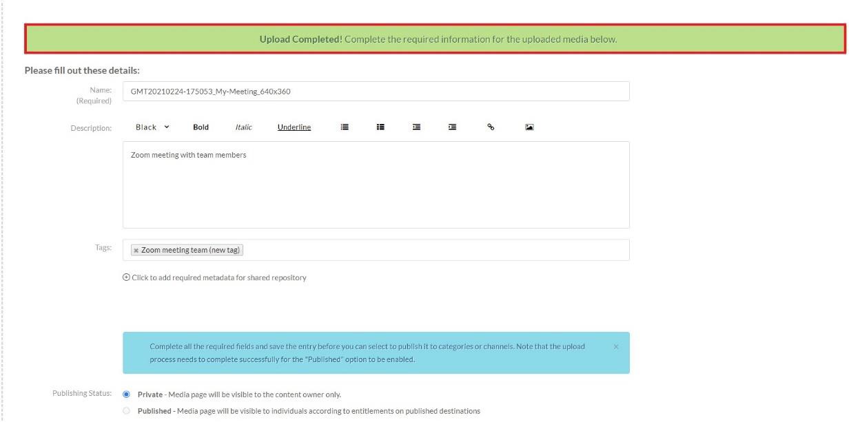Screenshot of the details that need to be filled out after the upload