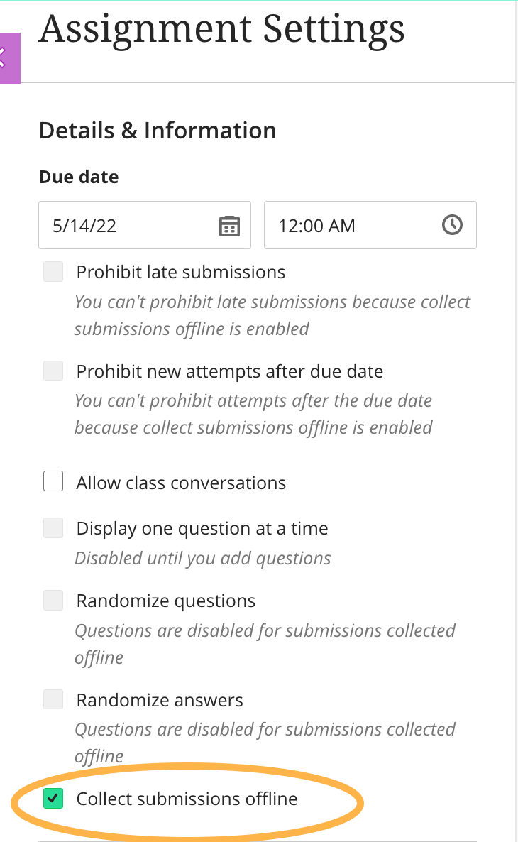 Where to check off 'Collect submissions offline' in the assignment settings