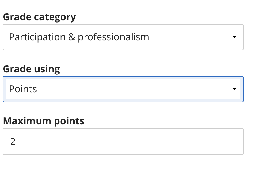 screenshot of the assessment settings showing option to select grade category, grade display and points