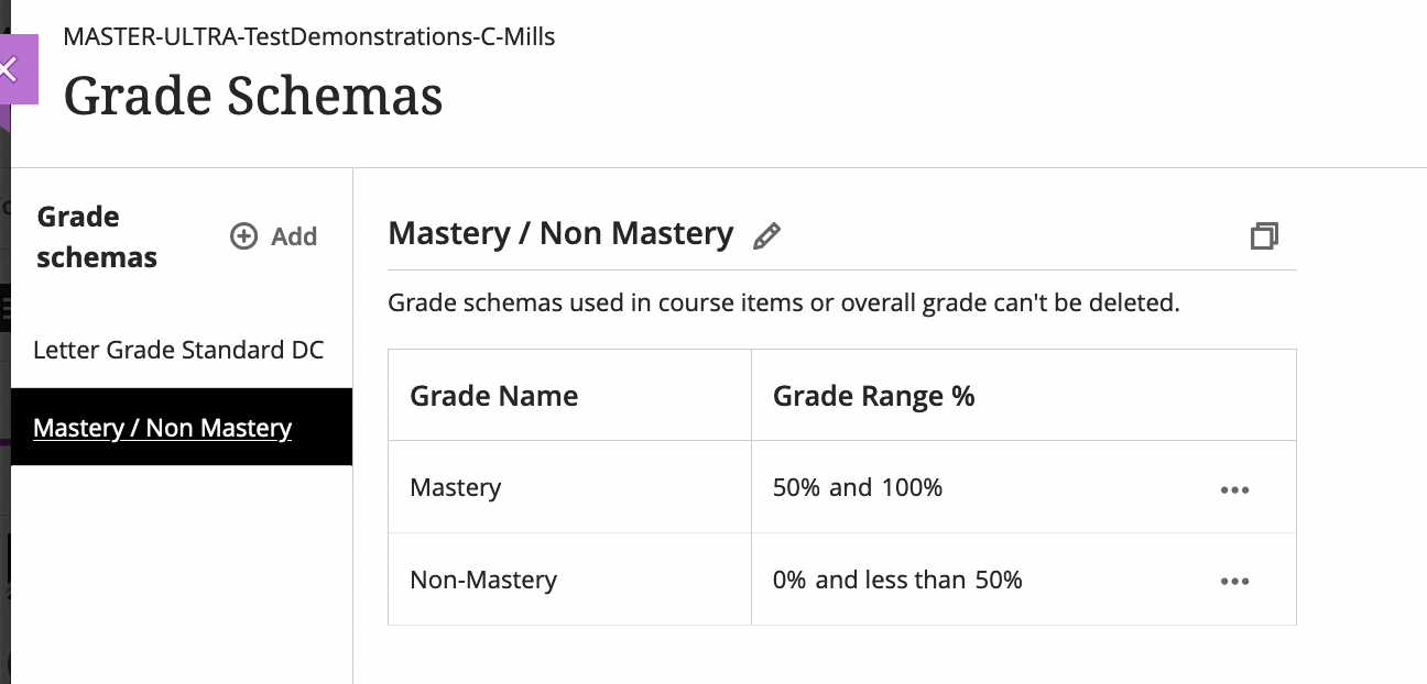 screenshot of the grade schemas panel