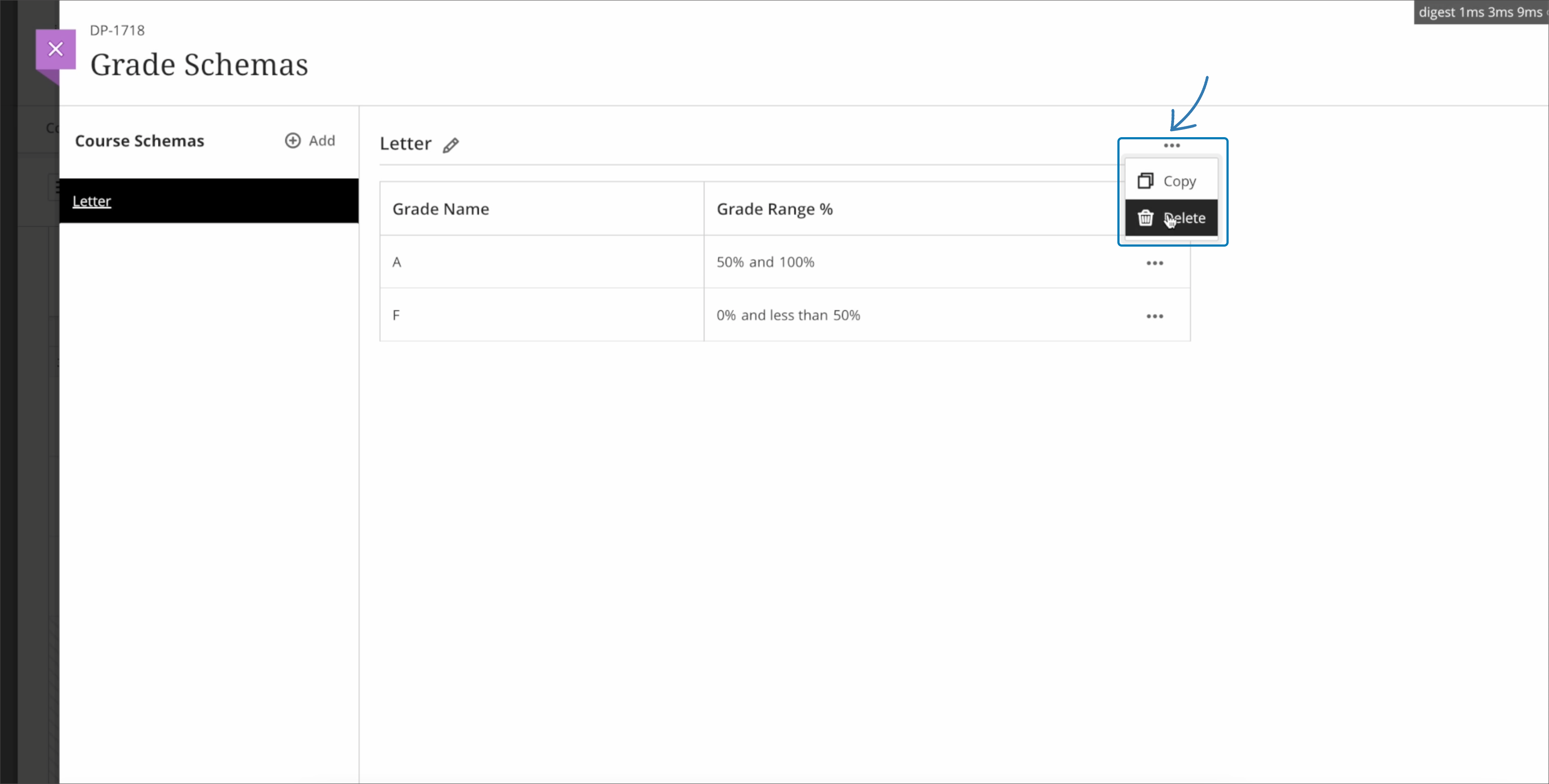 screenshot of the grade schemas panel highlighting the copy and delete options from the three dots