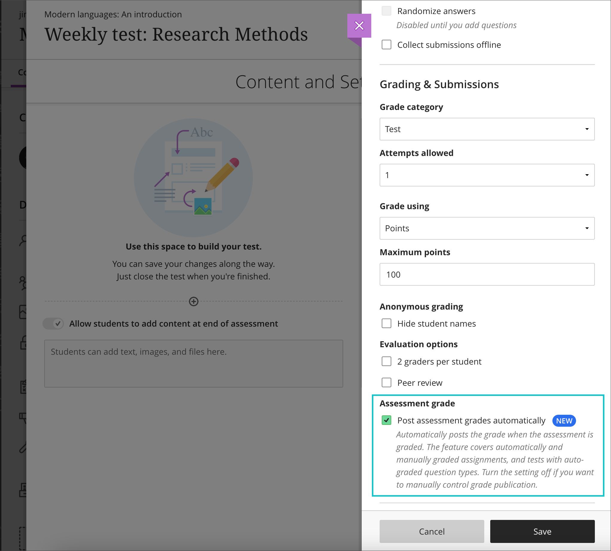 Image shows assessment grade area in the settings panel of an assessment. Post assessment grades automatically is checked off.