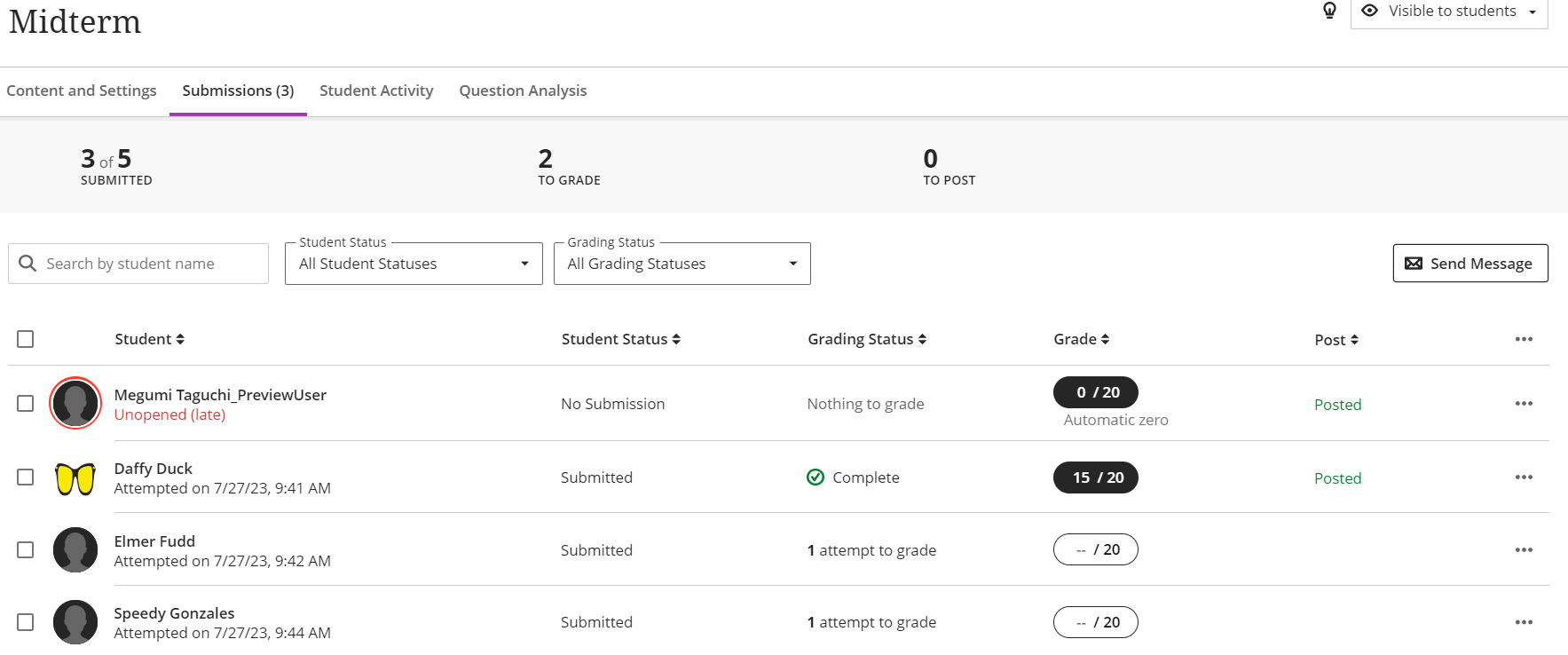 screenshot of the submissions tab for an assessment