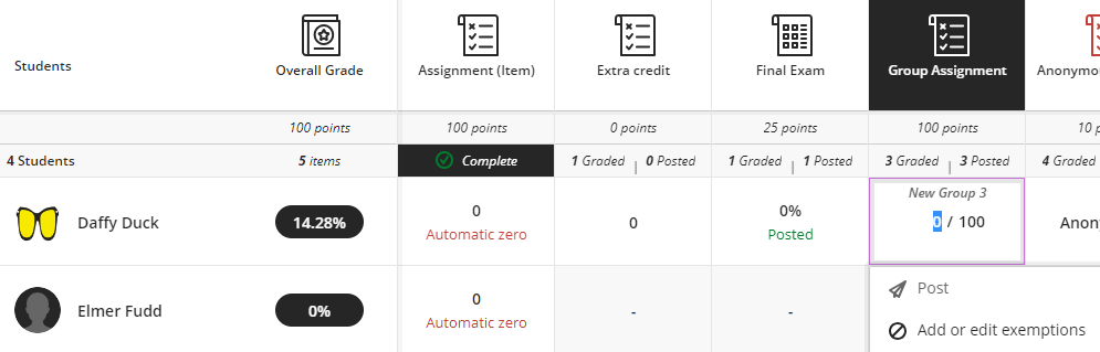 screenshot of giving scores in the Grades view