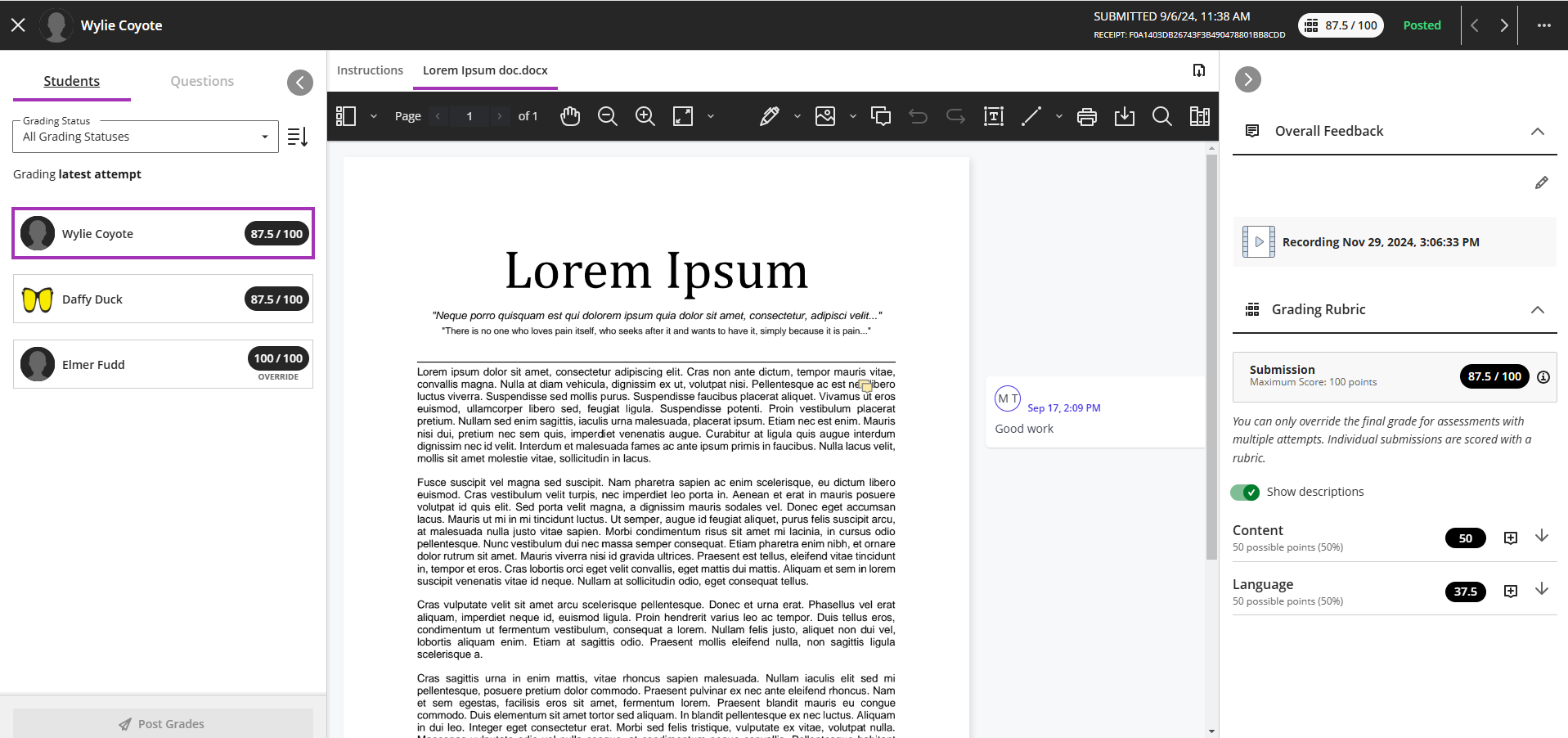 screenshot of the grading area by student