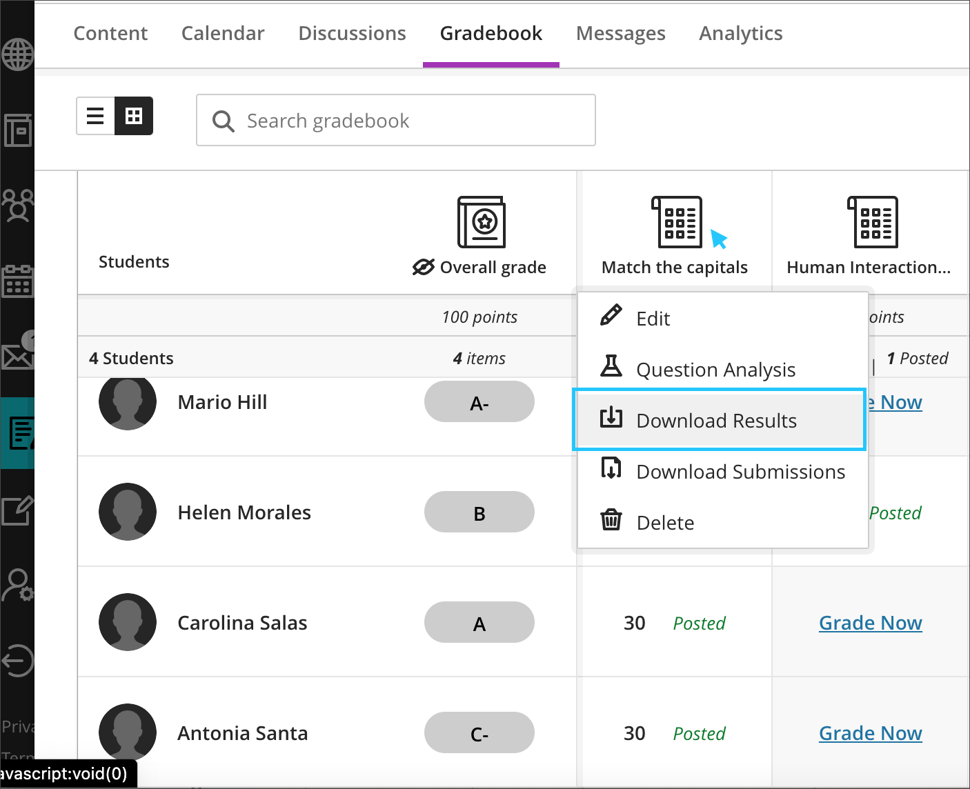 screenshot of the download results option that appears when you click on an assessment from the Grades tab.