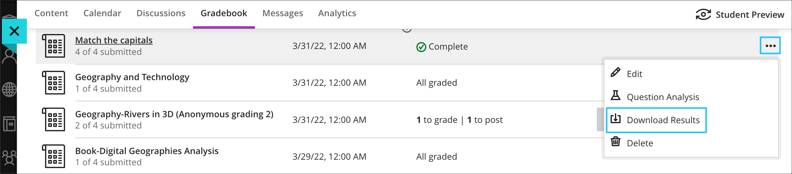 screenshot of the the download results option from the three dots in the Gradable items tab