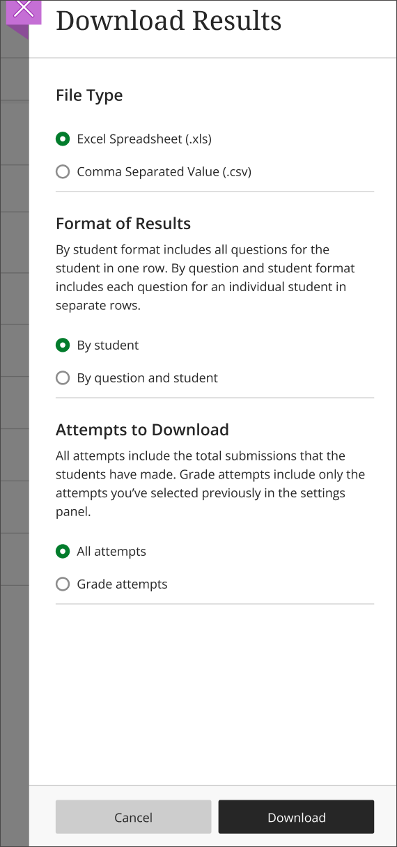 screenshot of the download results panel. you can choose file type, format of results, and attempts to download