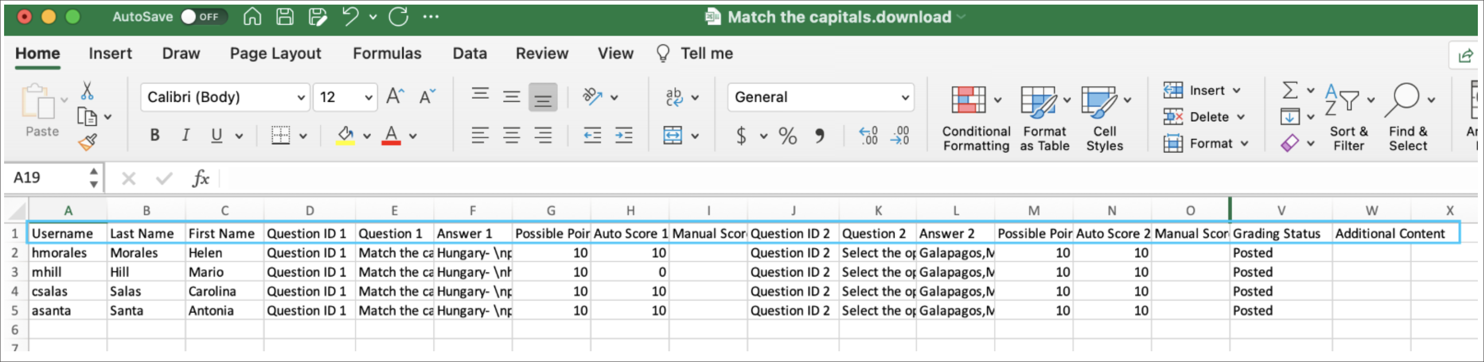 sample of the result format for downloading by student