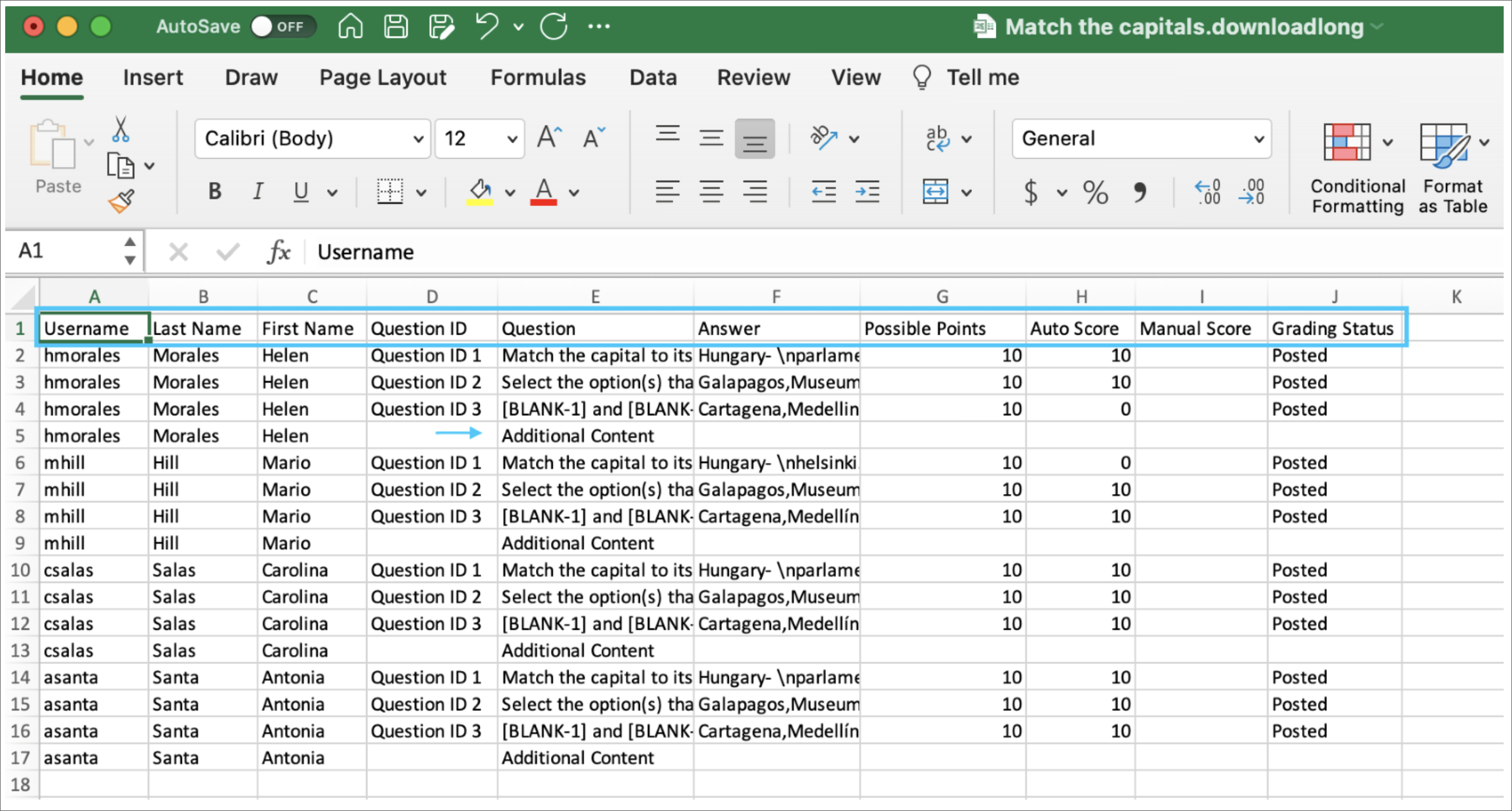 Sample for the result format Download by student and question