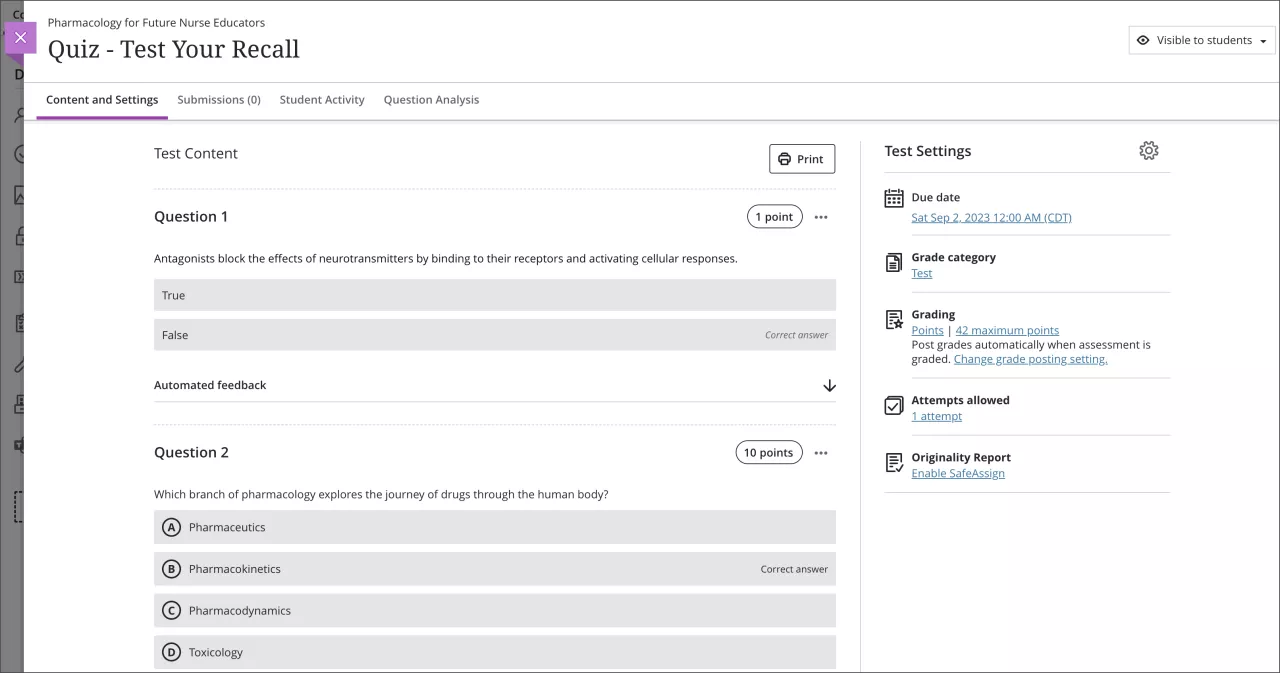 Screenshot showing where the print icon is located on a test