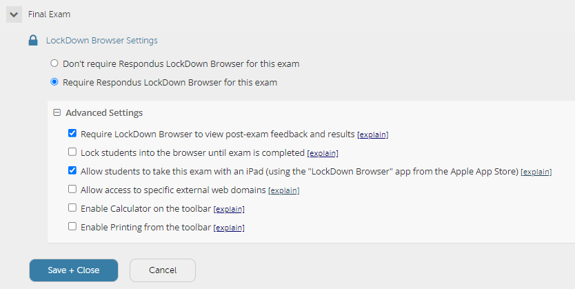 Lockdown Browser Settings