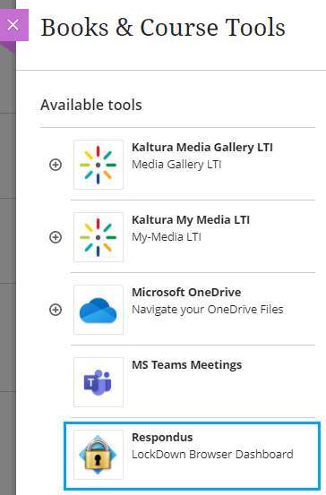 screenshot of where to find respondus in books and tools menu