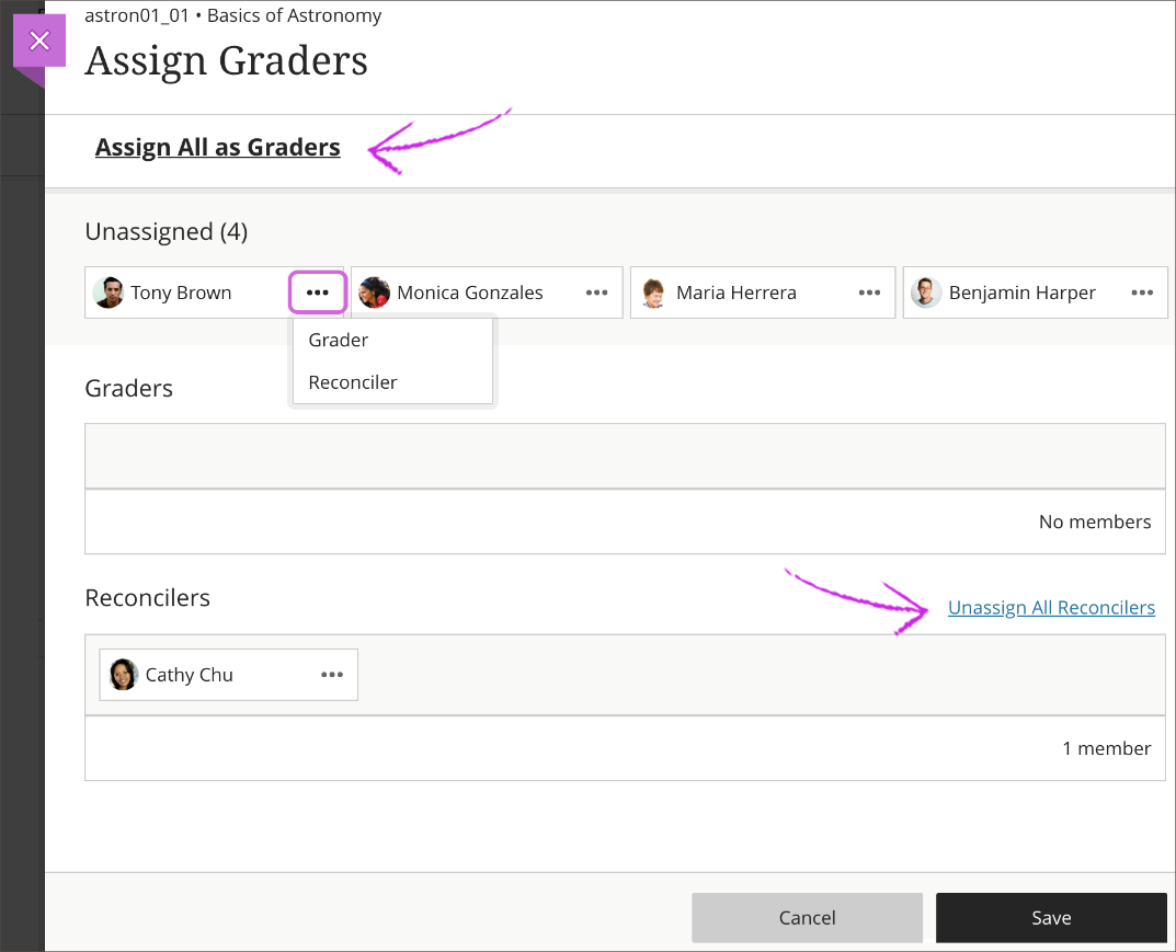 screenshot of how to assign and unassign graders and reconcilers