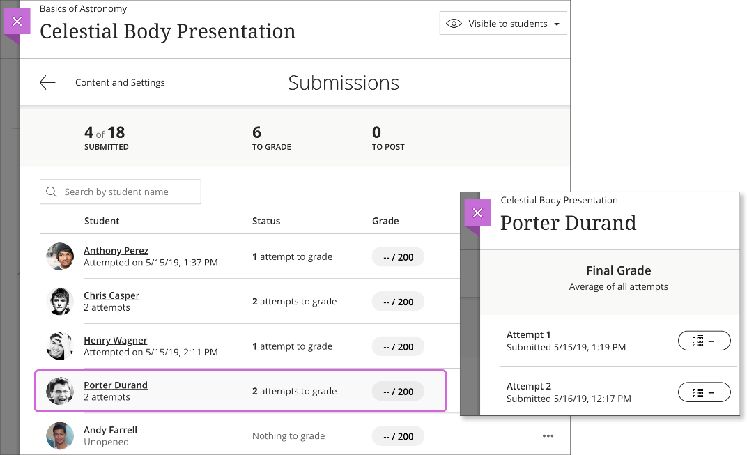 The Submissions page is open with 1) the submissions list displayed, 2) an example username selected with the '2 attempts to reconcile' message highlighted, and 3) the Multiple attempts grading panel opened with the first attempt highlighted.