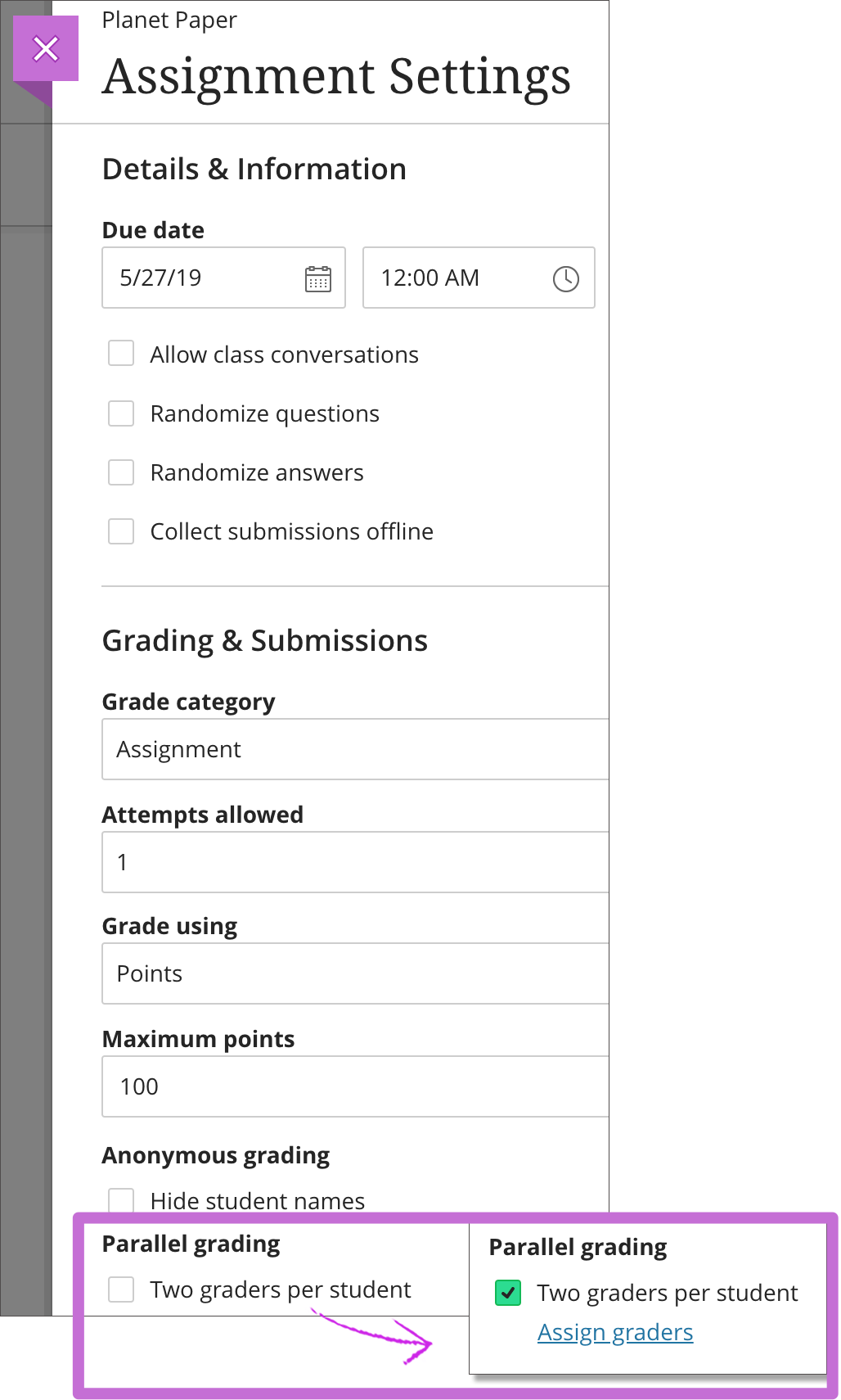 screenshot of how to turn on parallel grading