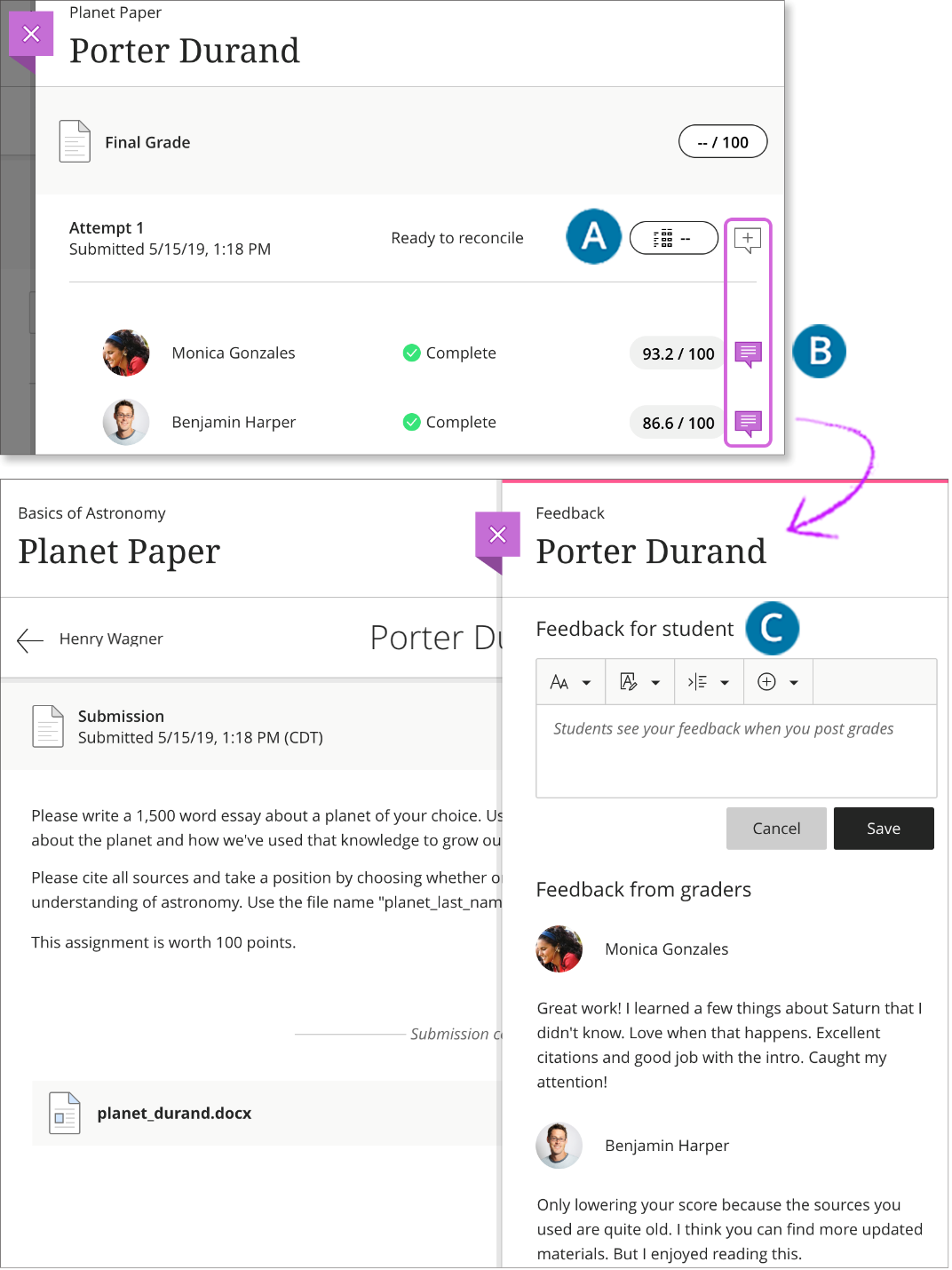 An example submission is open with 1) one attempt ready to reconcile on screen, 2) two different grades assigned, 3) the feedback icon selected and highlighted, and 4) the feedback panel opened with two different feedbacks on screen. 