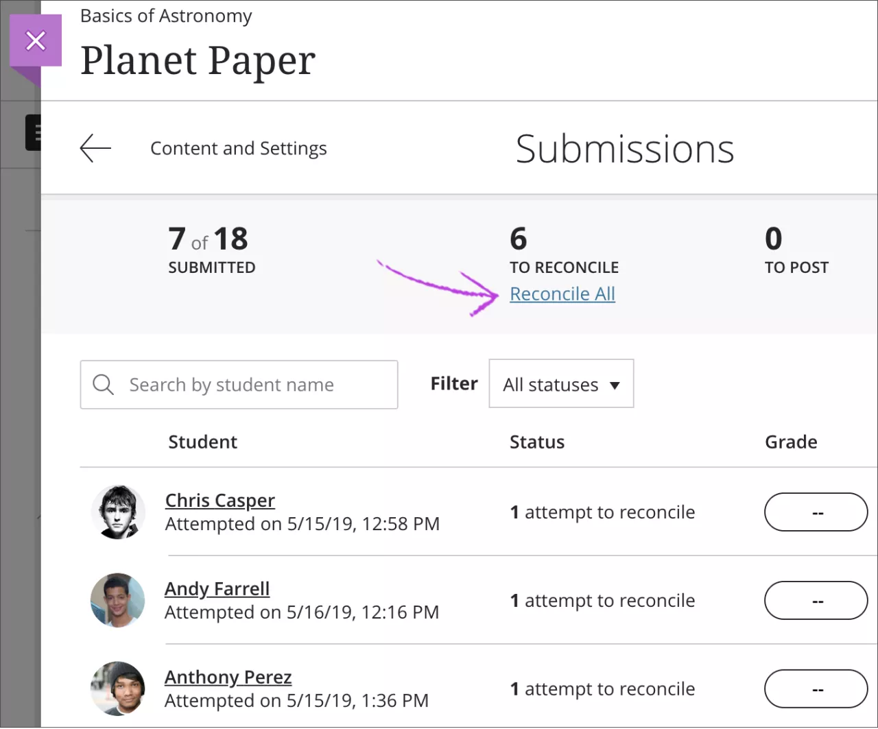 image-20250203-193930.pngThe Submissions page is open with the 'Reconcile All' option highlighted. 