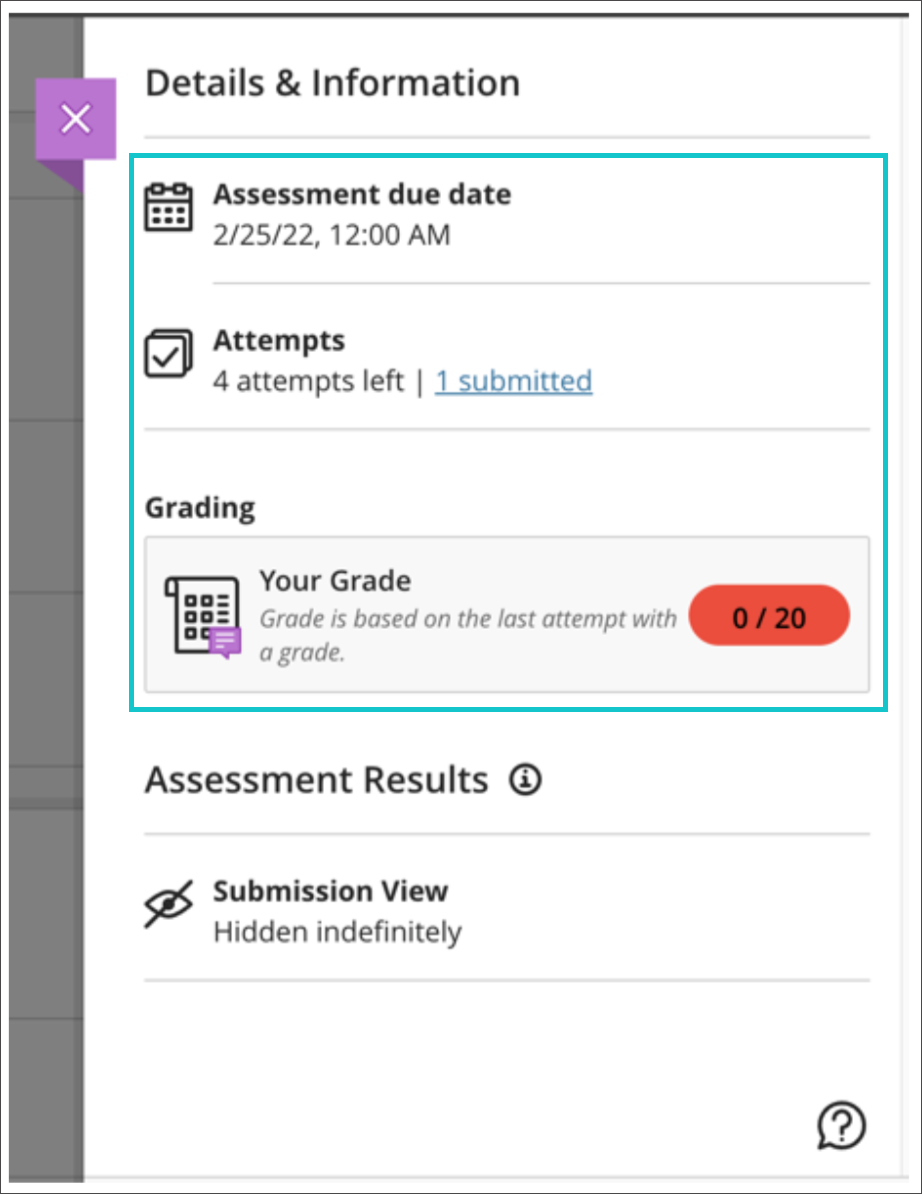 assessment panel from student view